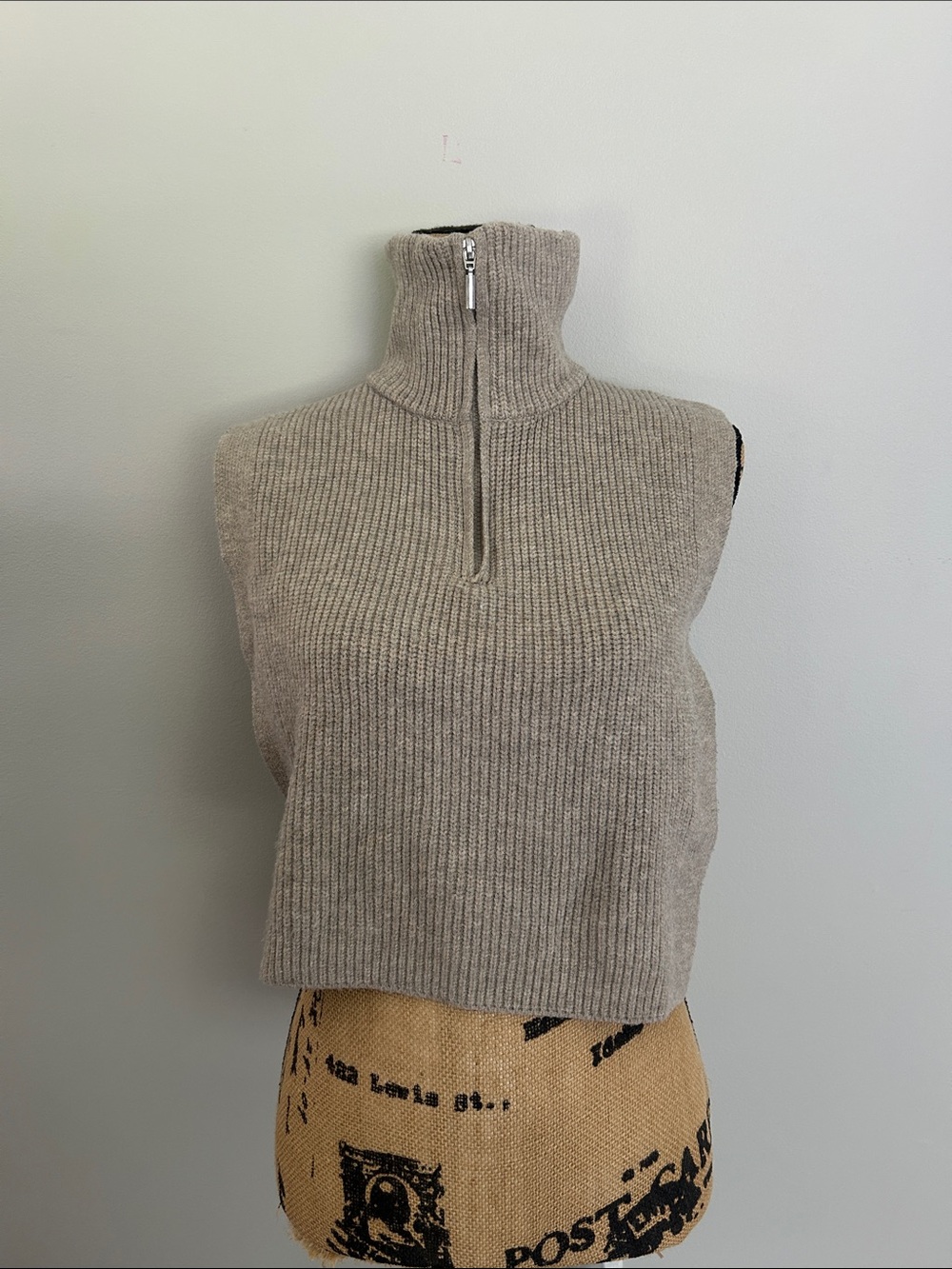 Primark Ribbed Sleeveless Zip Mock Neck Sweater Vest in Light Taupe